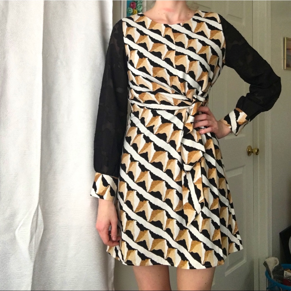Unique Printed Dress with Mesh Sleeves